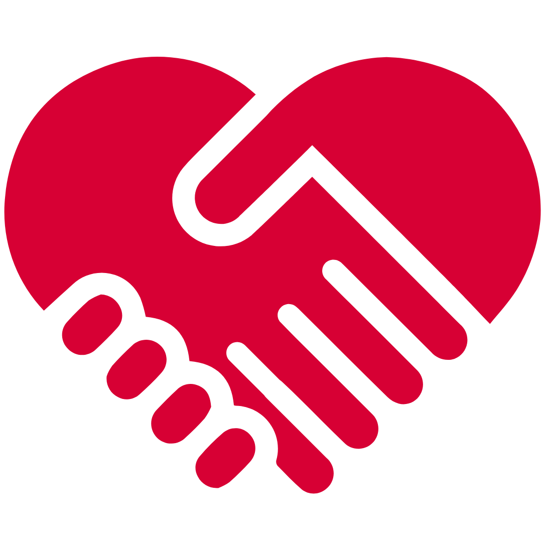 Red heart icon of two hands shaking